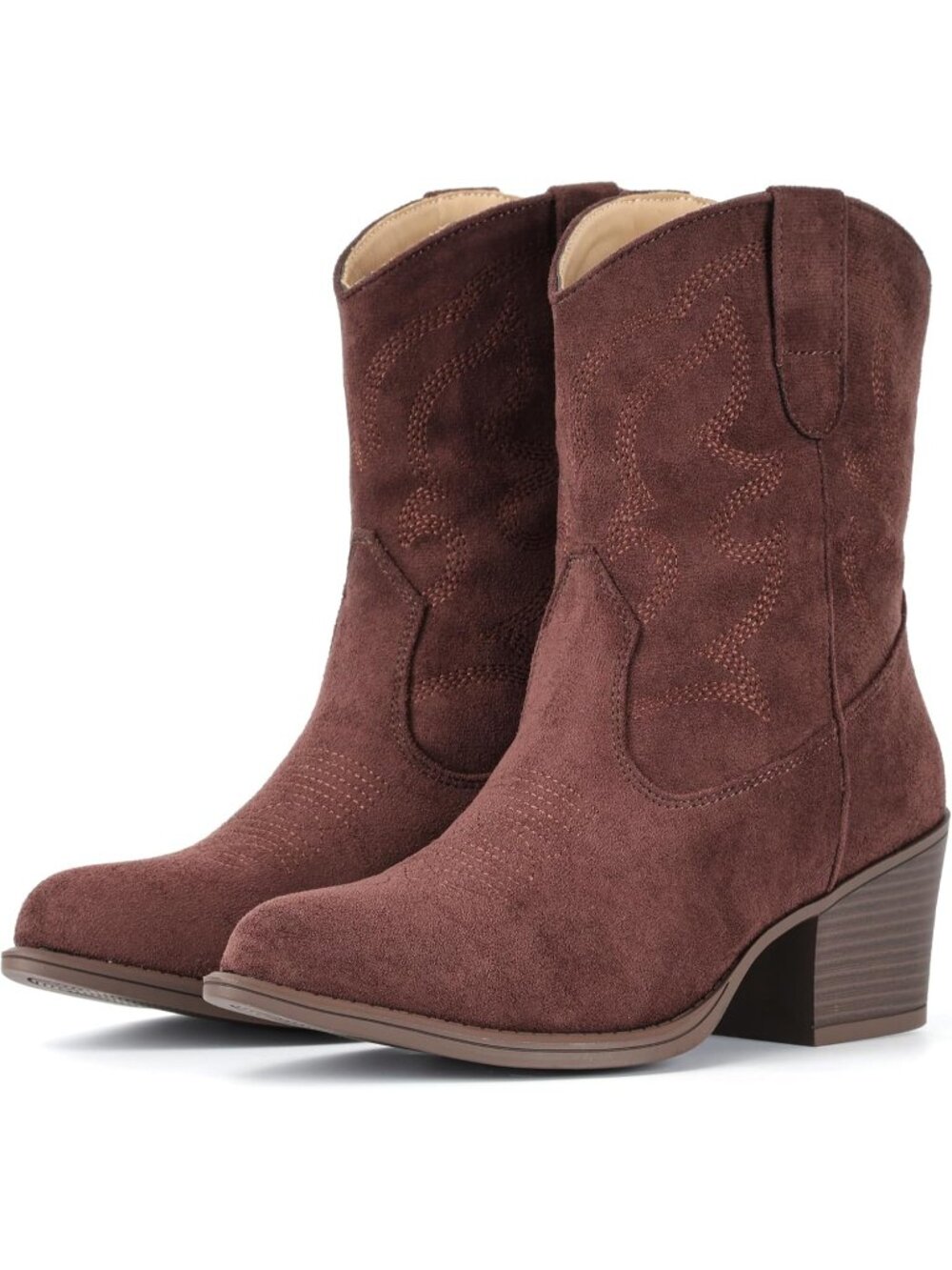 Women's Suede Ankle Western Cowgirl Coffee Mid Calf Pointed Toe Short Booties - Picture 1 of 5